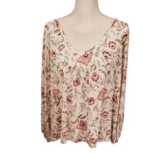 Old Navy Floral Cream Pink Green Boho Peasant Long Sleeve Flowy Blouse Size L